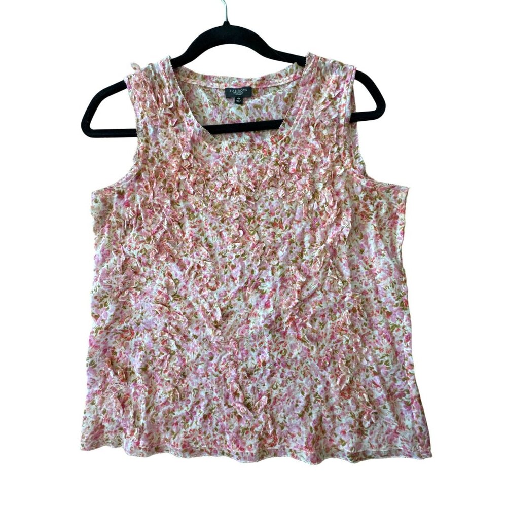 Talbots 4P Sleeveless Floral Top Pink Green Cotton Textured 4 Petite Blouse